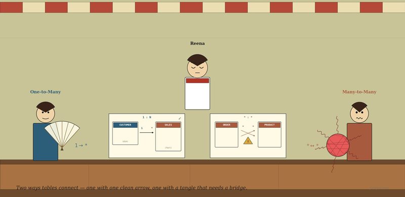 Stylised illustration of a tea stall — Reena standing behind her counter looking at two paper schemas in front of her: a clean Customer→Sales 1:N schema with a green tick, and a messy Order↔Product *:* schema with a yellow warning. A calm woman holding an open hand-fan approaches from the left, and a slightly flustered man holding a tangled red ball of yarn approaches from the right.